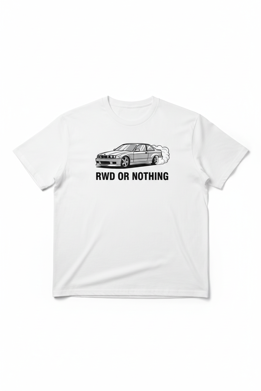 Balti unisex marškinėliai su BMW RWD grafika
