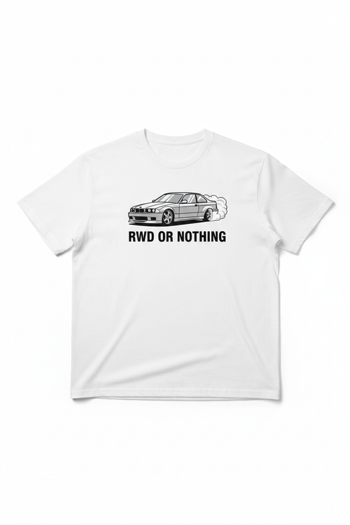 Balti unisex marškinėliai su BMW RWD grafika