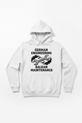 White hoodie with wrench and smoke graphic and German Engineering Balkan Maintenance text