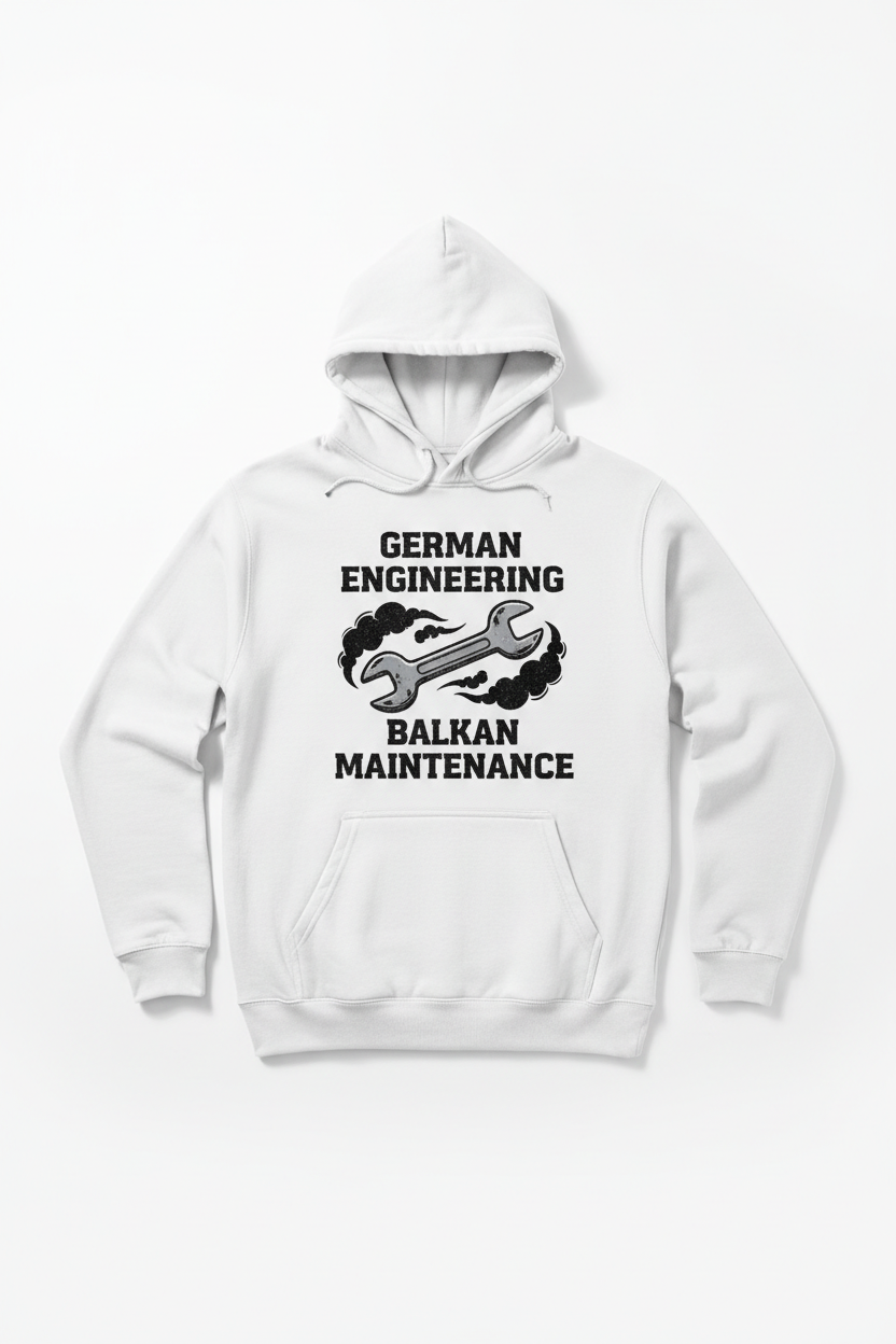 White hoodie with wrench and smoke graphic and German Engineering Balkan Maintenance text