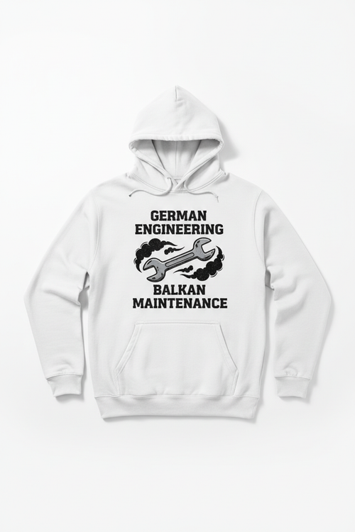 White hoodie with wrench and smoke graphic and German Engineering Balkan Maintenance text
