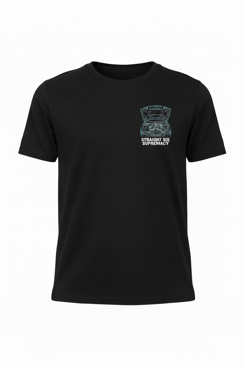 Black unisex t-shirt with small BMW inline-6 engine chest print and Straight Six Supremacy text