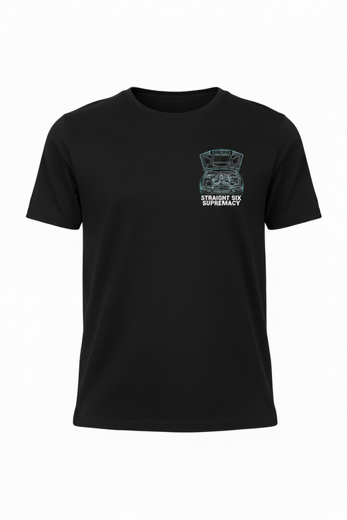 Black unisex t-shirt with small BMW inline-6 engine chest print and Straight Six Supremacy text