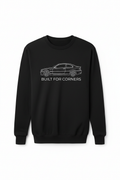 Black crewneck sweatshirt with minimalist BMW E46 silhouette line art and Built for Corners text