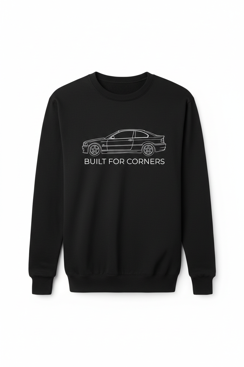 Black crewneck sweatshirt with minimalist BMW E46 silhouette line art and Built for Corners text