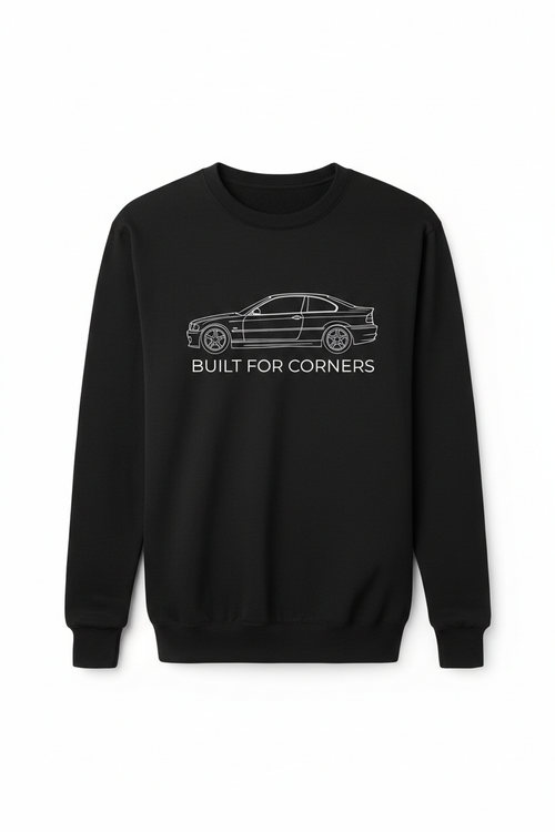 Black crewneck sweatshirt with minimalist BMW E46 silhouette line art and Built for Corners text